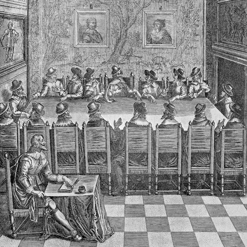 The foundation of the Académie française during the reign of Louis XIII, 1635. France, 17th century. Paris, Bibliothèque Des Arts Decoratifs (Library).