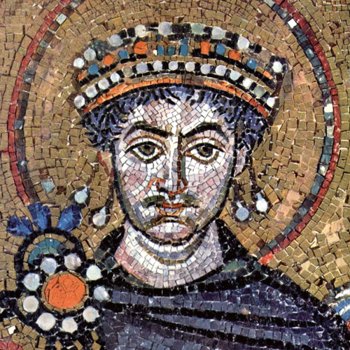 Kaiser Justinian. Mosaiken in Ravenna, St. Vitalis (Ausschnitt).